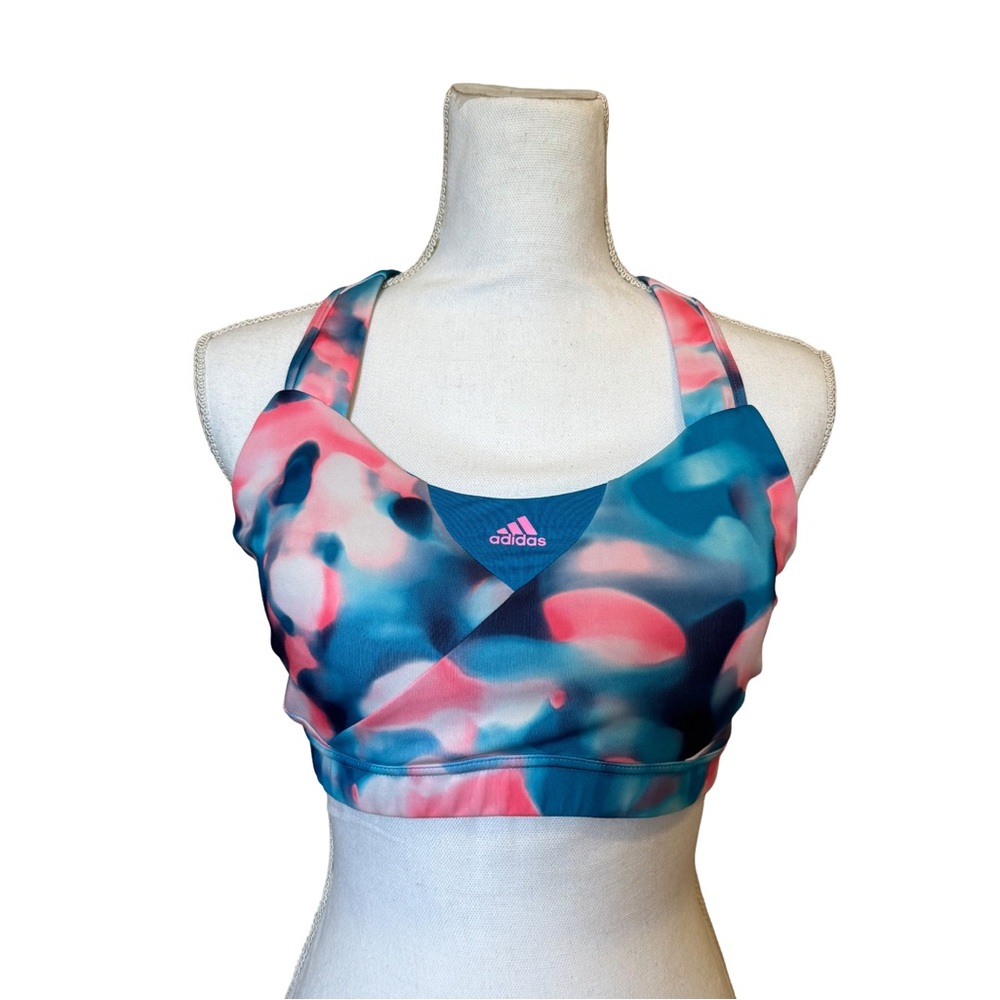 Adidas Supernova Pink and Blue Patterned Sports Bra - Size Large
